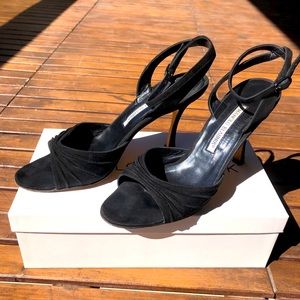 Black suede MANOLO BLAHNIK ankle strap open toe stiletto sandal 39